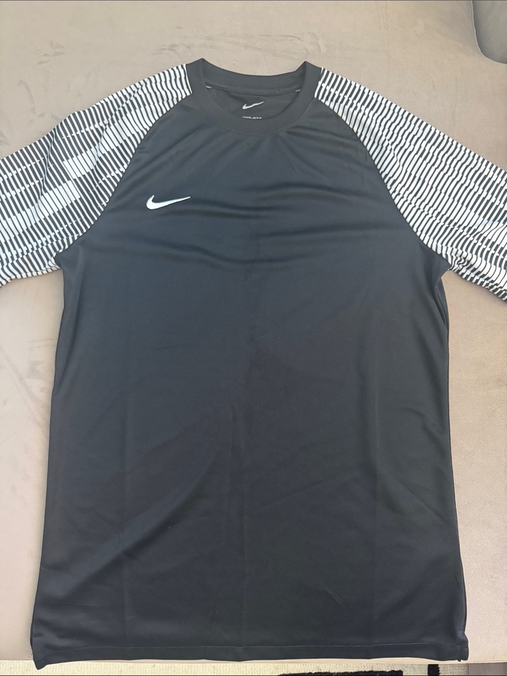 Nike Black Athletic Soccer Tee with Striped White-Gray Raglan Sleeves